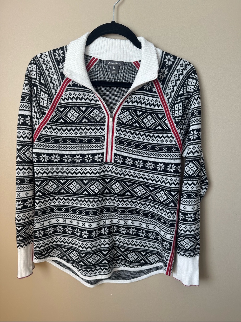 EDDIE BAUER Women's Fair Isle Quarter Zip Pullover Sweater White Red Black SMALL